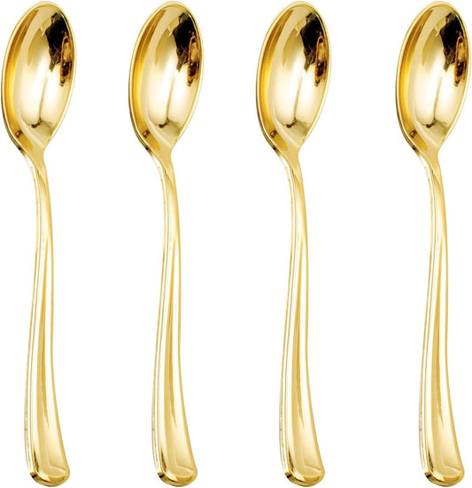 WDF 100 Pack Gold Plastic Spoons Disposable - Durable Heavy Duty 6.9 Inch Gold Spoons, Heat Resistant Modern Disposable Spoons Perfect for Parties, Wedding, Banquets