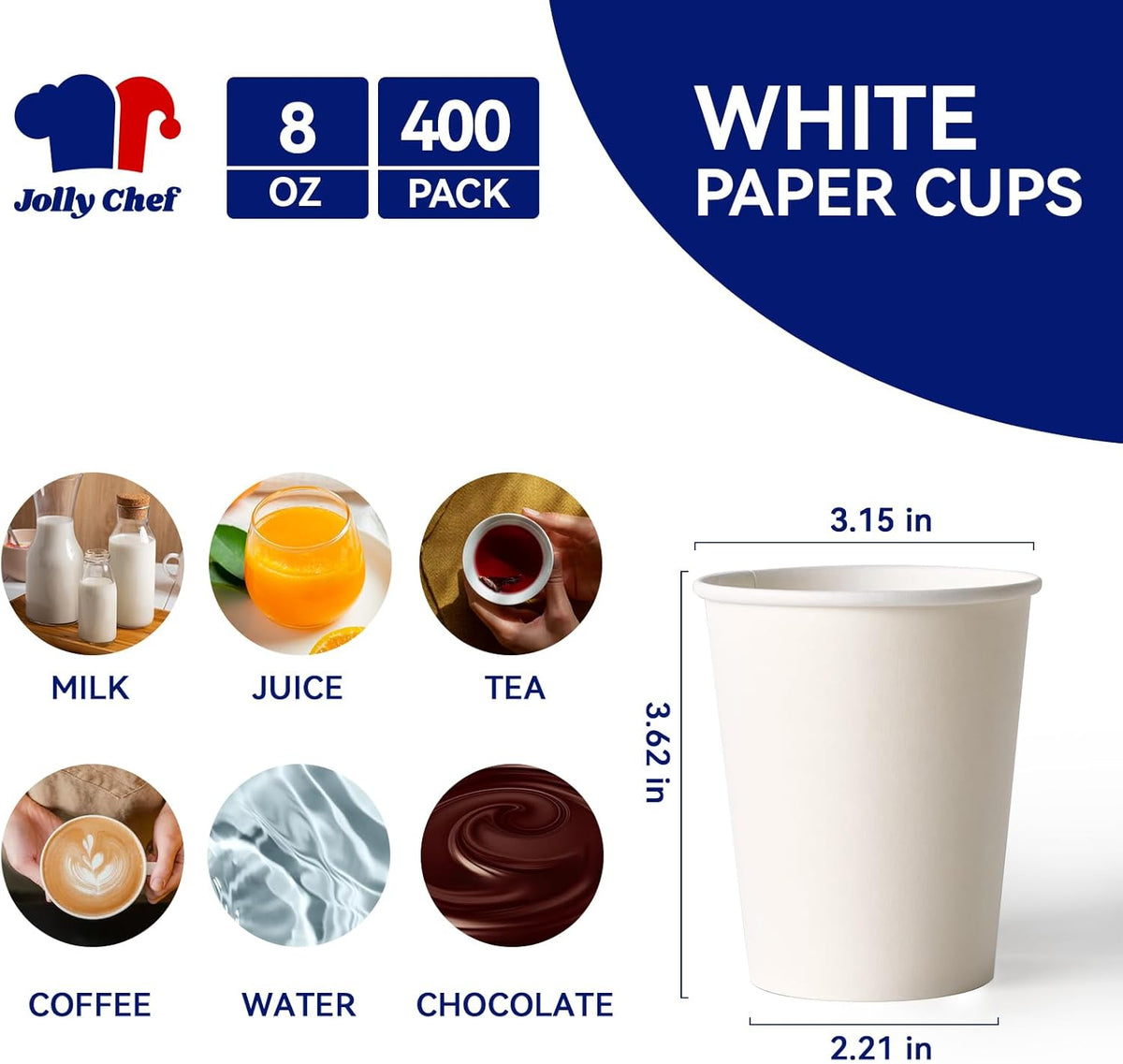JOLLY CHEF 400 Pack 8 oz Paper Coffee Cups, White Beverages Drinking Cups for Coffee, Water Juice or Tea, Suitable for Party, Picnic, Travel, and Events