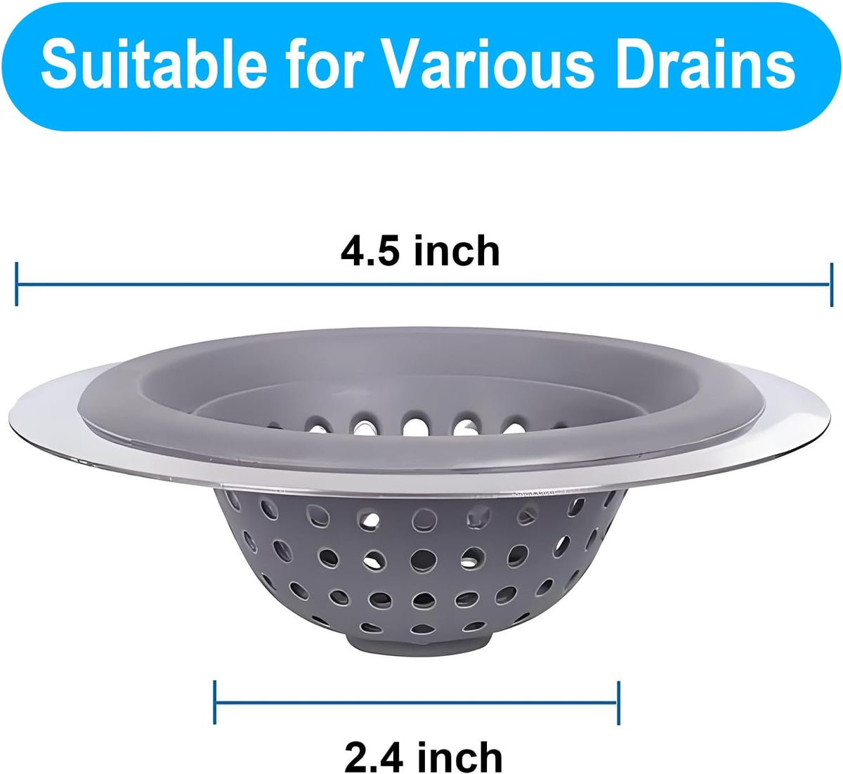 2 Pack Kitchen Sink Drain Strainer Silicone Stainless, Drain Protector,Prevent Clogging, Large Wide Rim 4.5 inch Diameter, Tools Home Improvement (Gray)