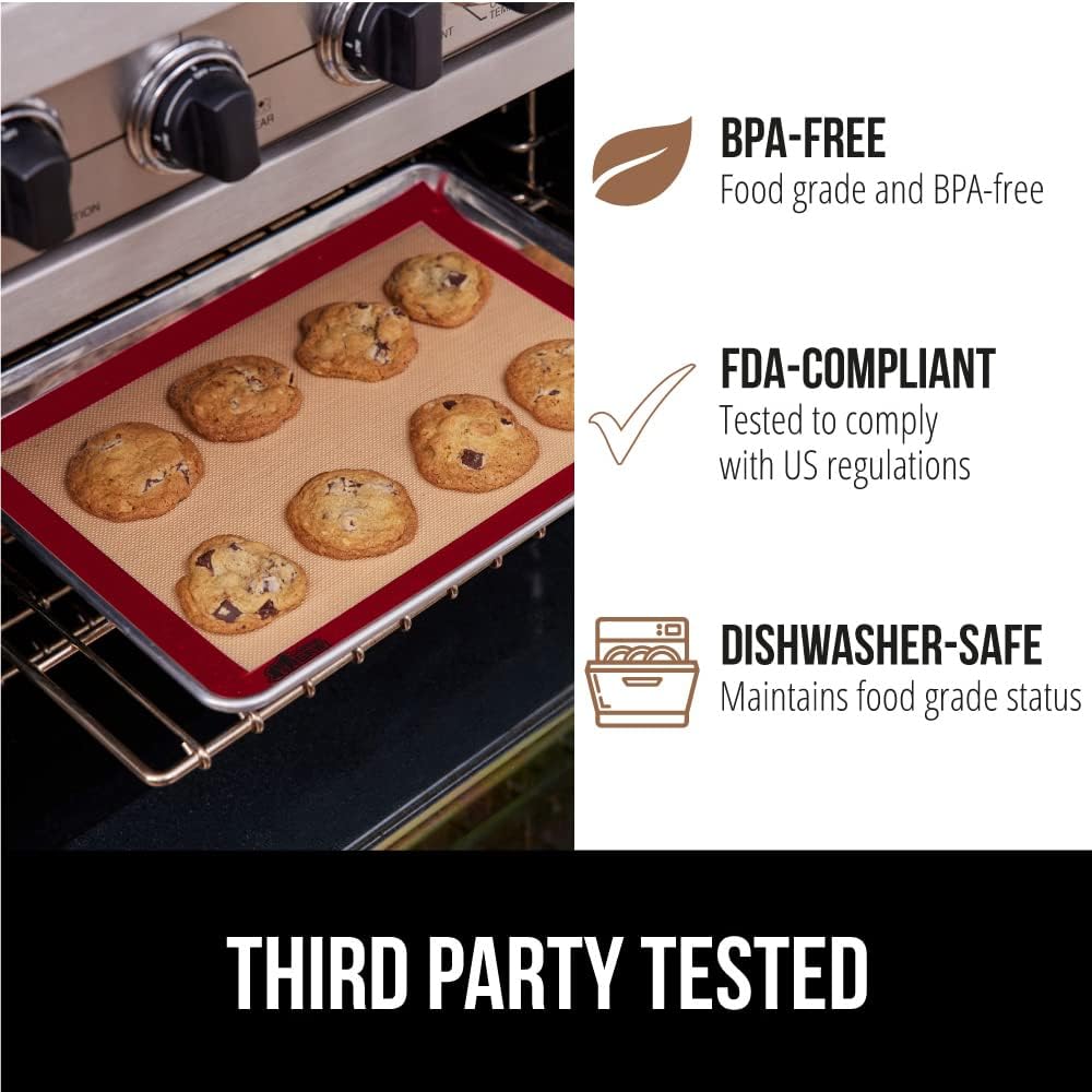 GORILLA GRIP Reusable Nonstick Silicone Baking Mat, 2 Pack, 16.5x11.87, BPA-Free Oven Safe Food Liner, For Cookie Sheets, No Mess Easy Clean Pastry Mats, Kitchen Essential, Half Sheet Size, Red