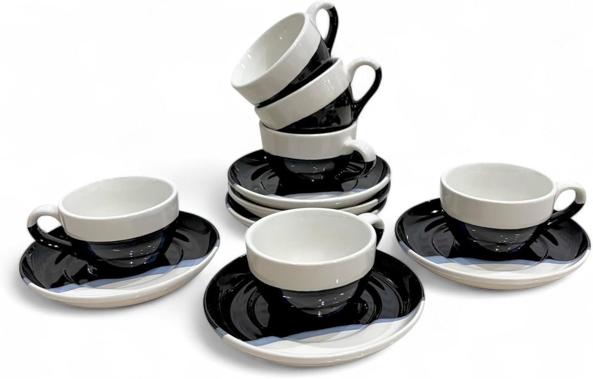 2 Ounce Espresso Cups with Saucers, Mini Ceramic Espresso Cups Set of 6, Espresso Cup Set, Coffee Mug Set for Latte, Macchiato, Demitasse Cups Set for Cafe, Microwave & Dishwasher Safe (Black)