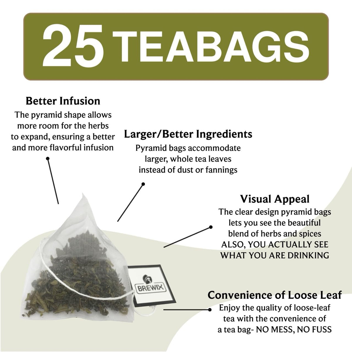 BREWIX, Bergamot Green Tea (25 Pyramid Tea Bags) | Caffeinated Tea Loose Leaf Earl Grey Green Tea With Pure Bergamot | High Elevation Grown
