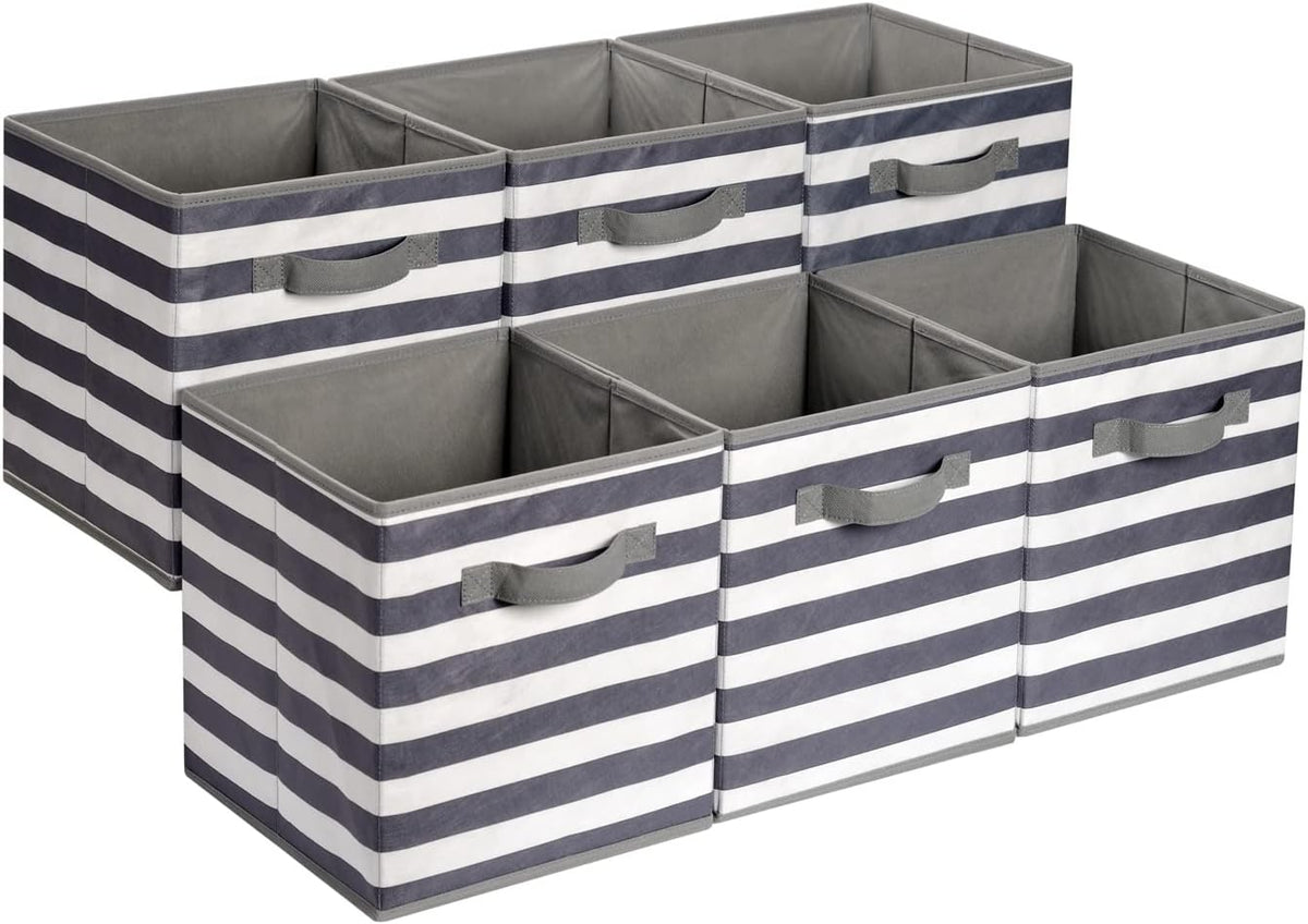 Amazon Basics Cube Organizer Storage Bins Handles, Collapsible Fabric, Pack of 6, 10.5"x10.5"x11", White/ Light Grey Stripe