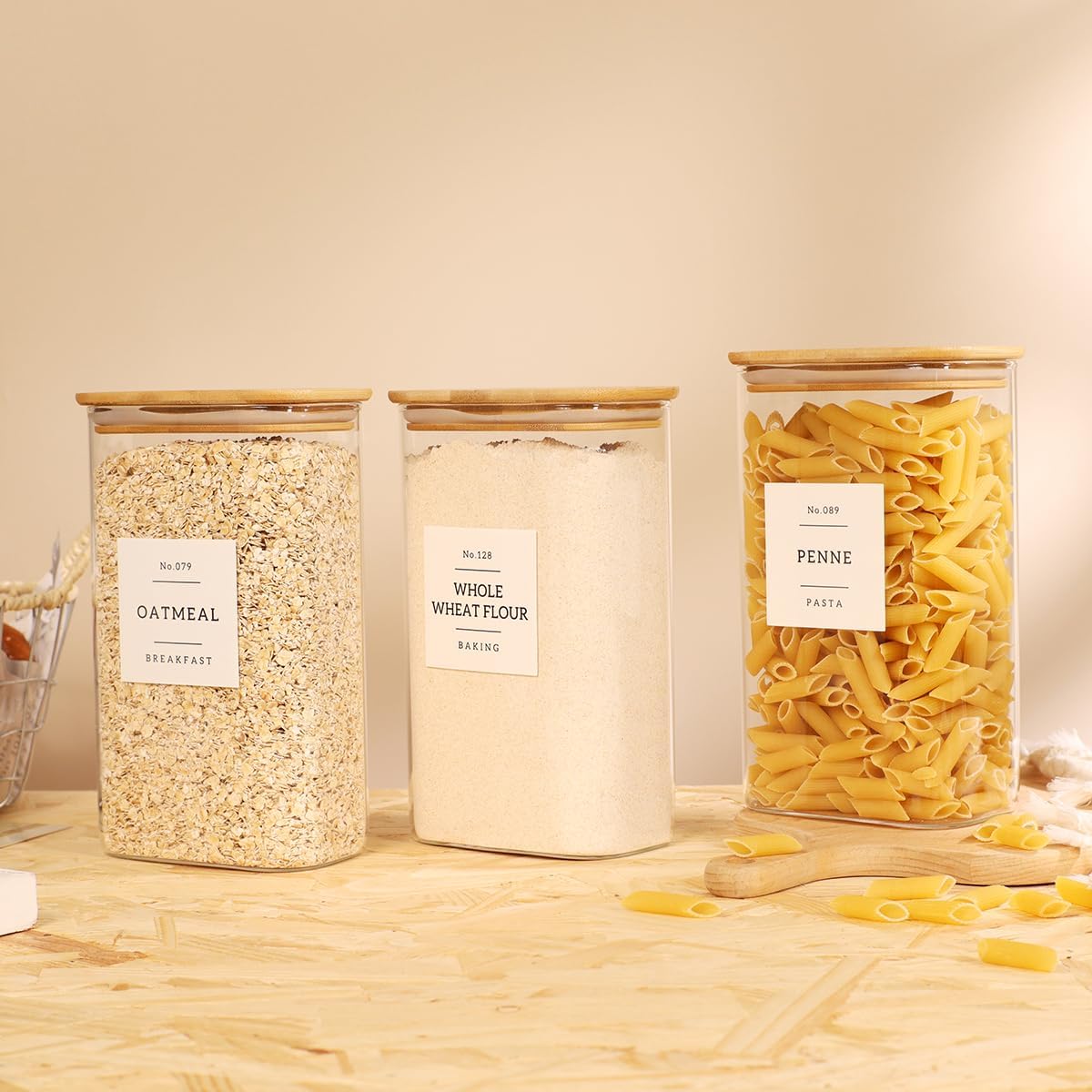 3 Pack Square Glass Pantry Storage Containers with 132 Kitchen Food Pantry Labels - 51 floz Clear Glass Pantry Jars with Airtight Wood Bamboo Lids - Glass Canisters for Candy, Cereal, Coffee, Spice