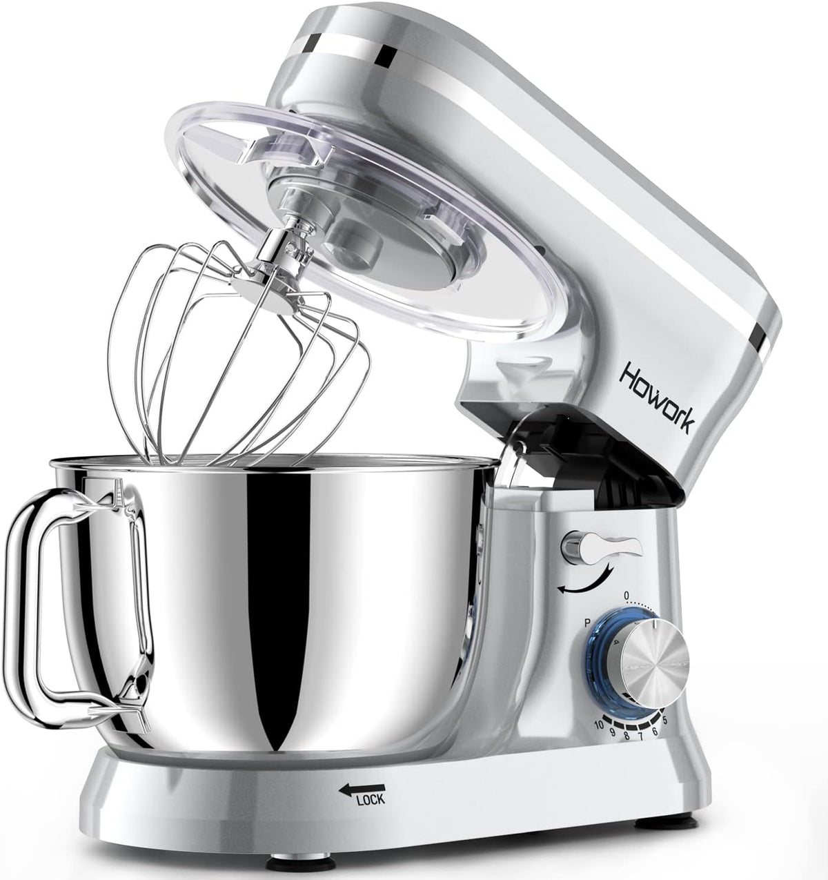 HOWORK Electric Stand Mixer,10+p Speeds With 6.5QT Stainless Steel Bowl,Dough Hook, Wire Whip & Beater,for Most Home Cooks,Silver