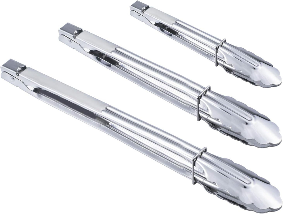 Stainless Steel Spring Locking Food Tong Set Utility Metal Tongs for Serving Cooking Grilling and Barbeque (9 12 14 Inch 3 Pieces)
