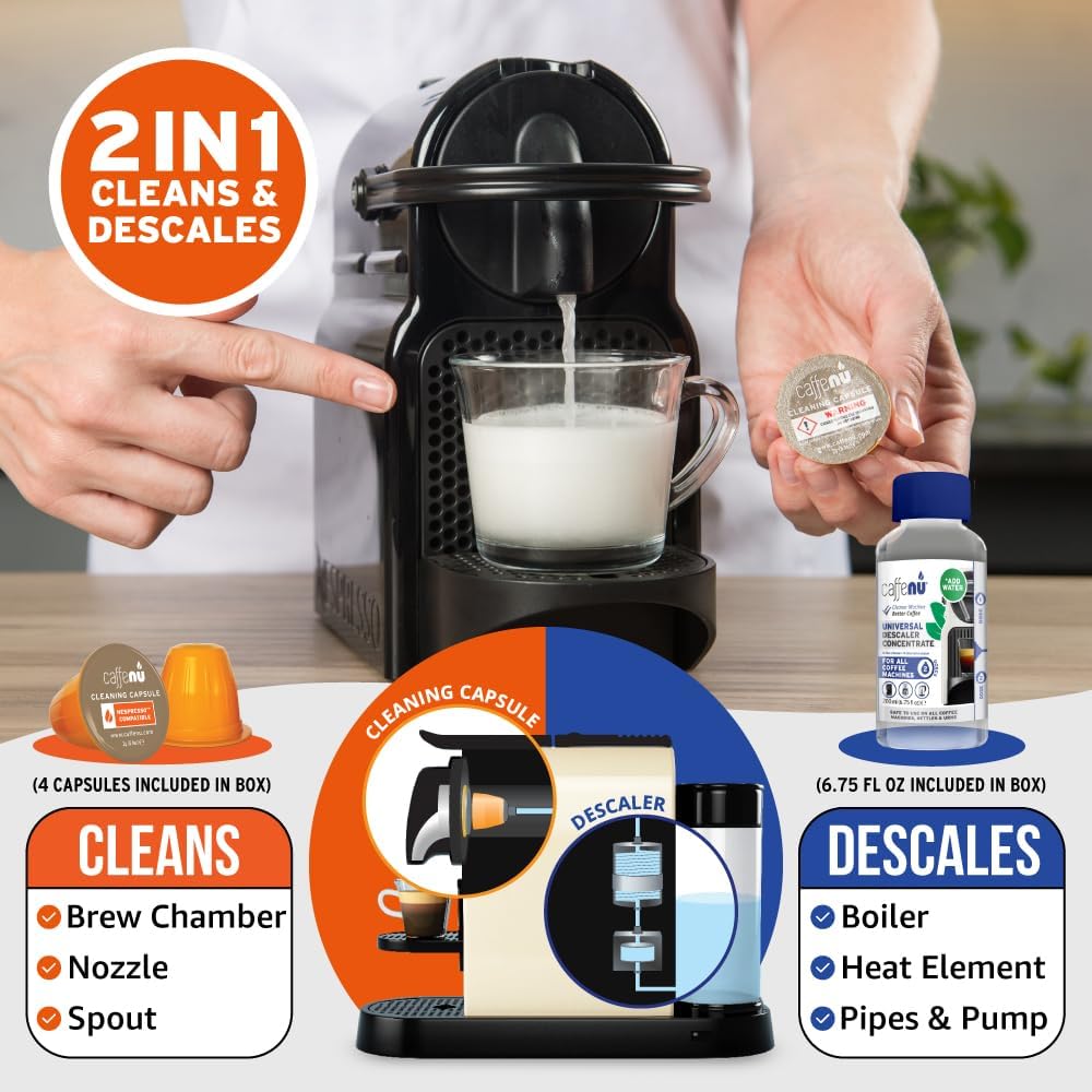 Nespresso Compatible Descaling Kit & Cleaning Pods. 2 Use Descaling Solution & 4 Cleaner Pods. Removes Limescale & Cleans Pod Area. Better Tasting, Hotter Coffee. Nespresso Originaline.