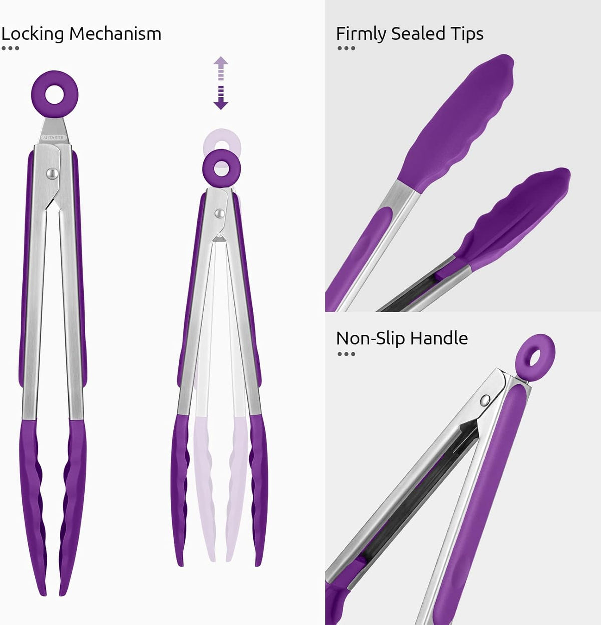600ºF Heat Resistant Kitchen Tongs: U-Taste 9 inch Silicone Cooking Tong with Firm Sealed Non Stick Rubber Tips & Silicon Coated 18/8 Stainless Steel Handle & Smooth Locking for Serving Grill (Purple)