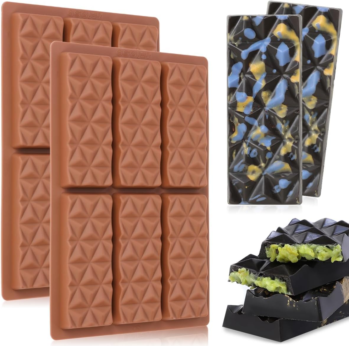 Deep Chocolate Bar Mold, Thick Silicone Chocolate Bar Mold for Stuffed Chocolate Bar, Wax Melt, Candy Bar Mold 2 Pack
