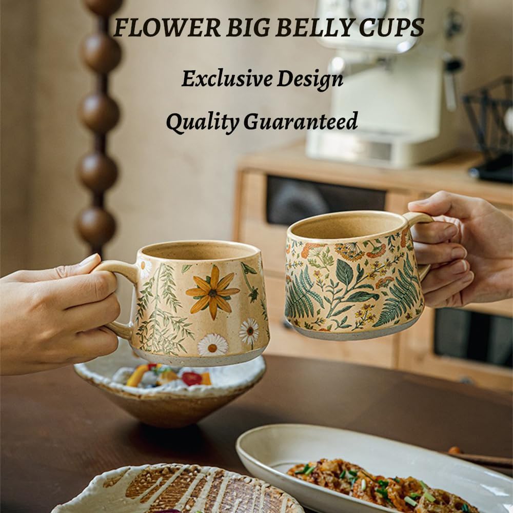 Floral Coffee Cup, 12oz Ceramic Hand Painted Porcelain Mug with Premium Gold Spoon, Cup for Cappuccino, Macchiato, Latte, Cafe, Tea, Unique Gift Idea (Summer's Whispers)