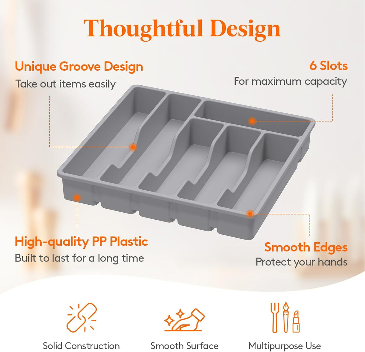 Lifewit Silverware Drawer Organizer Tray, Plastic Cutlery Storage for Kitchen Drawer, Flatware and Utensil Holder Divider for Spoons Forks Knives Tableware, 6 Compartment, Gray