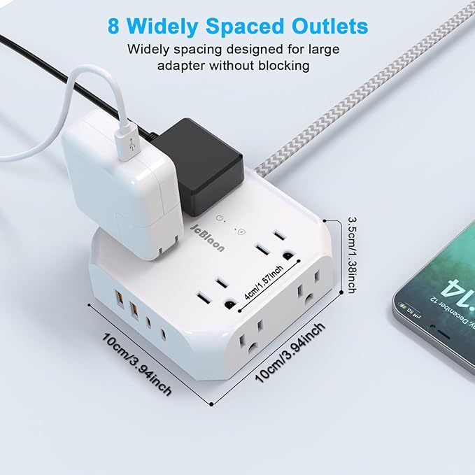 Surge Protector Flat Plug Power Strip, 10Ft Extension Cord with Multiple Outlets, 8 Outlet Splitter with 4 USB(2 USB C) Ports, Desk Charging Station for Home, Office, College, Dorm Room Essentials