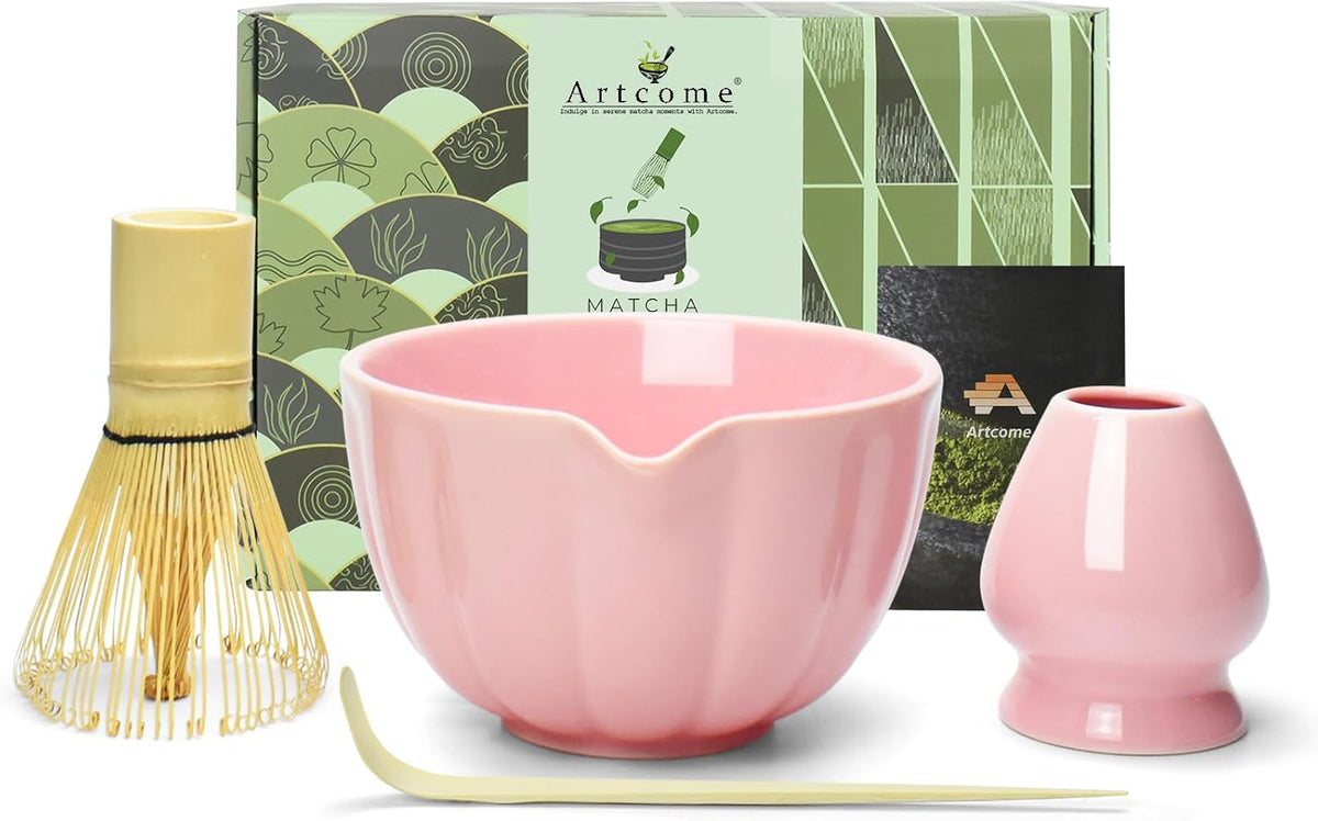 Artcome 4 Pcs Japanese Matcha Tea Set - Matcha Bowl with Pouring Spout, Matcha Whisk, Tea Scoop, Whisk Holder, Handmade Matcha Ceremony Kit For Japanese Tea Ceremony, Rose
