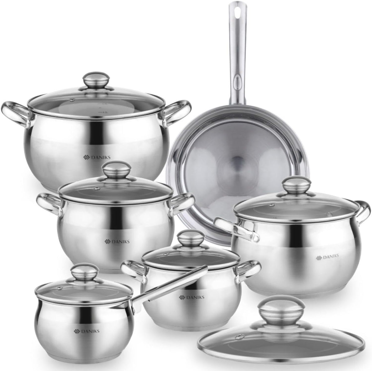 Daniks Classic Frying Pan Included, 12-Piece Stainless Steel Induction Cookware Set – Dishwasher Safe Pots and Saucepan with Lids, Measuring Scale, Silver