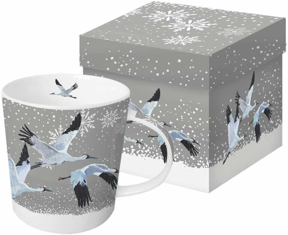 Paperproducts Design Decorative Bone China Mug Gift Box Set - Beverages, Hot, Cold Drinks, Tea – Artistic Designs, Decorated Mugs – 13.5 Ounces, Patti Gay/Two Can Art Snowfall Cranes Design
