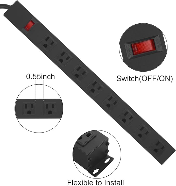 Metal 8 Outlet Mountable Power Strip, Wall Mount Outlet Heavy Duty, Wide Spaced Commercial Shop Power Strip with Switch, 15A 125V 1875W, 6 FT SJT 14AWG Power Cord (12FT)