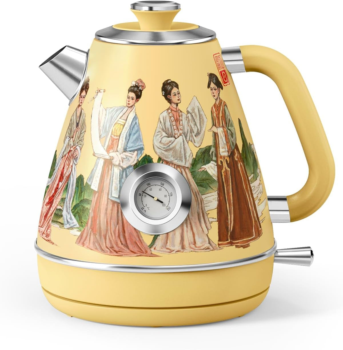 Hazel Quinn Retro Electric Kettle - 1.7 Liters / 57.5 Ounces Tea Kettle with Thermometer, All Stainless Steel, 1200 Watts Fast Boiling, BPA-free, Cordless, Automatic Shut Off - Finery