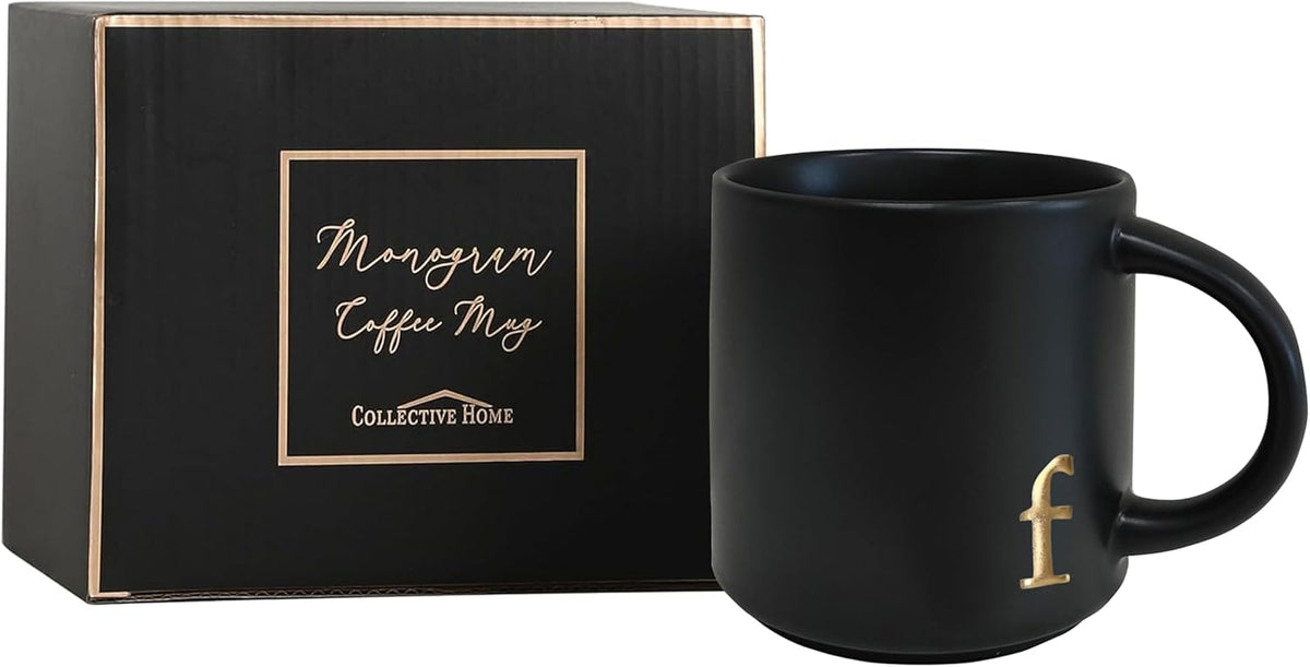 COLLECTIVE HOME - Black Monogram Ceramic Mugs, 15 oz Golden Initial Coffee Cups, Elegant Alphabet Tea Mugs, Personalized Halloween Mug with Gift Box, Perfect for Office and Home Décor(f)