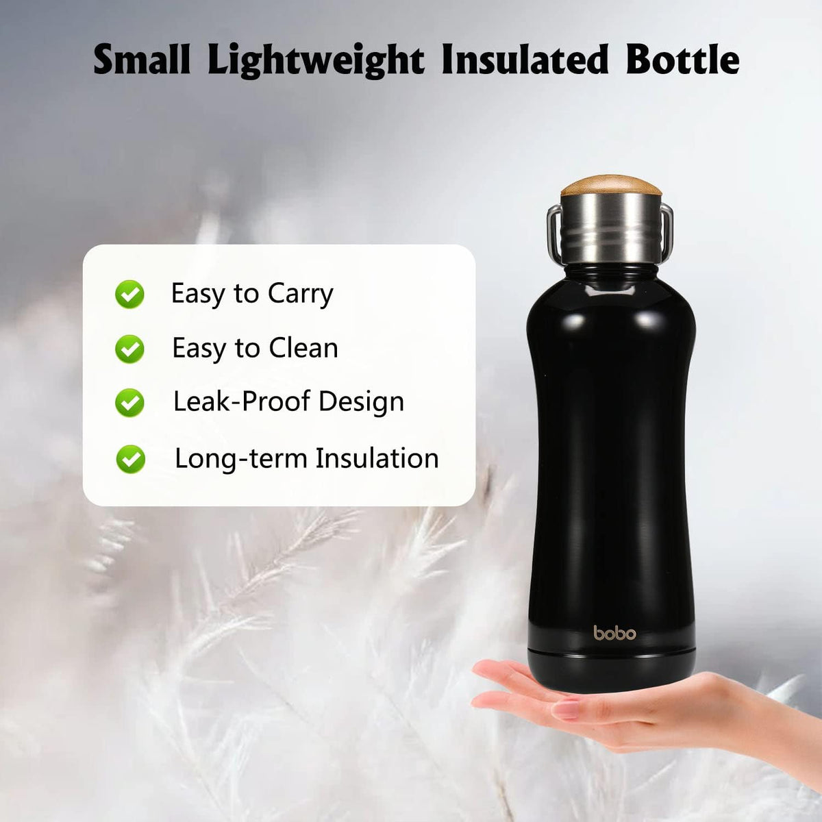 YOHKOH Mini Insulated Water Bottle With Bamboo Lid - 11.8oz Small Vacuum Insulated Water Bottle for Women Kids, 12 Hrs Hot & 24 Hrs Cold Stainless Steel Thermos Leak-Proof BPA-Free (11.8oz,Black)