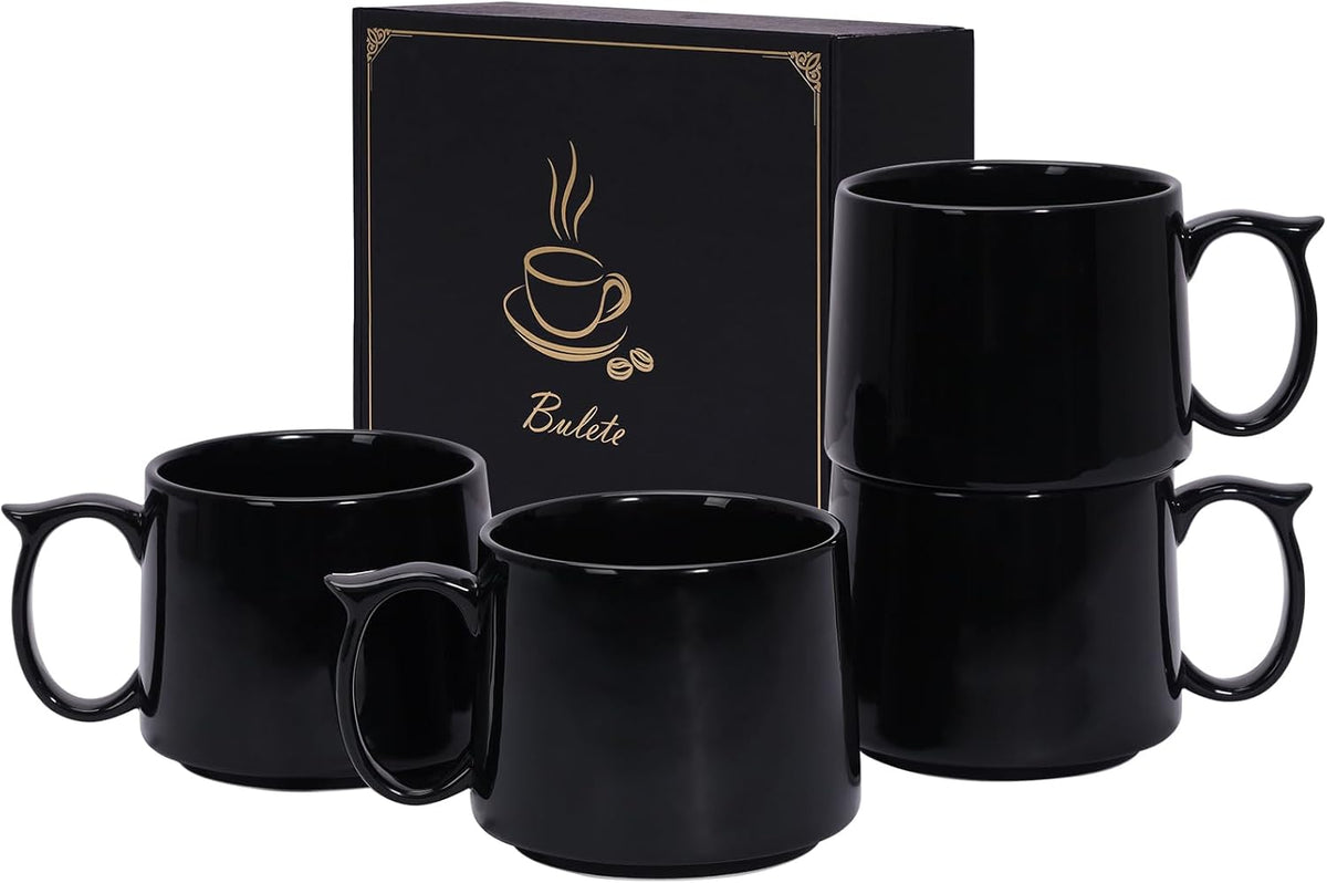 19 oz Large Coffee Mugs Set of 4, Stackable Ceramic Coffee Mugs with Large Handles for Coffee, Latte, Cappuccino, Milk, Dishwasher & Microwave Safe, Ideal for Men, Women, Dads and Moms (Black)