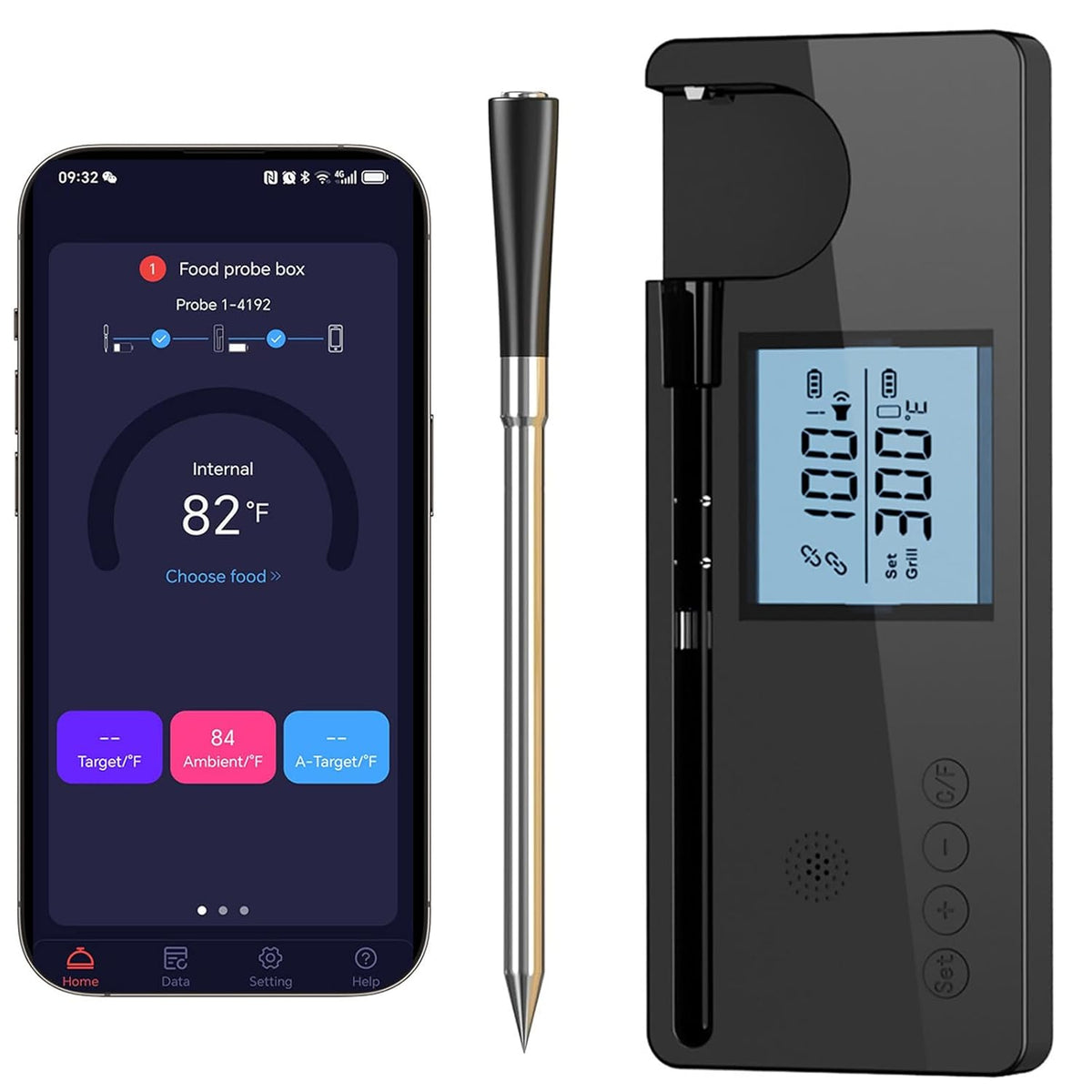 Meat Thermometer Digital Wireless with 800ft Range, Bluetooth 5.3 Food Thermometer with Dual-Temperature Probe, LCD Display and App&Case Setting for Grilling Smoking Cooking