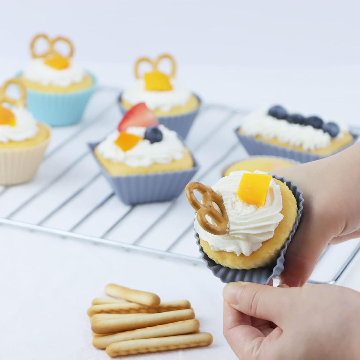 36-Pack Silicone Cupcake Liners, Reusable Muffin Cups – Round, Square & Rectangle Baking Cups, Non-Stick, Easy to Clean, Bento Box Accessories, Lunch Box Dividers for Kids(36 Liners + 20 Animal Picks)