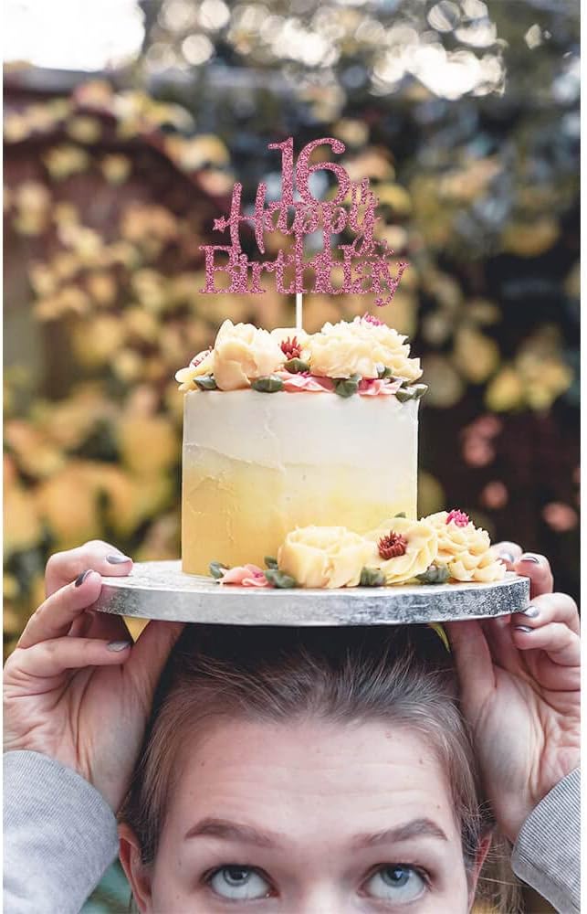 Glittery 16th Happy Birthday Cake Topper with Star,Personalised 16 Birthday Cake Toppers Party Decorations Party Supplies for Boys Girls Rose Gold