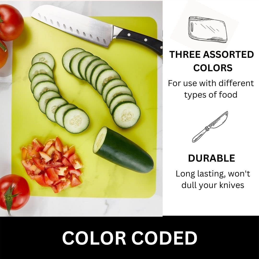 Nicole Home Collection Flexible Cutting Mats Set of 3 - BPA-Free Plastic Color-Coded Kitchen Chopping Boards, 12"x15", Durable Non-Slip Mats for Meat, Veggies, Fruits