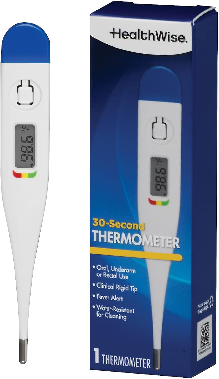 Healthwise Digital Thermometer | 30-Second Readout | Feverline Indicator | Clinical Rigid Tip | Hygienic Water-Resistant Easy Cleaning | Storage Case + Probe Covers Included
