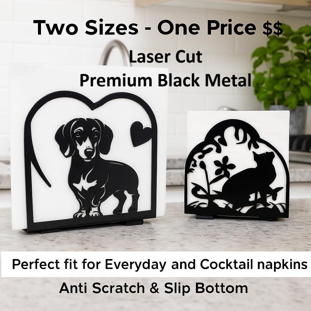 Decorative Cat and Dog Napkin Holder – Metal Napkin Organizer for Everyday & Cocktail Napkins – Cute cat Coffee filter holder size #2 & #4 for Kitchen Table Decor Gift for Animal Lovers 2-Pack