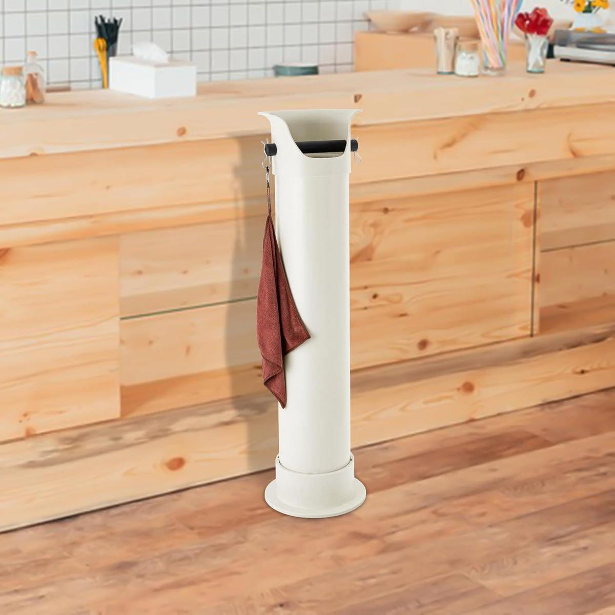 Espresso Coffee Knock Box, Commercial Knock Box for Espresso Coffee Grounds, Floor Standing Coffee Knock Box with 30pcs Garbage Bags and Towel (White)
