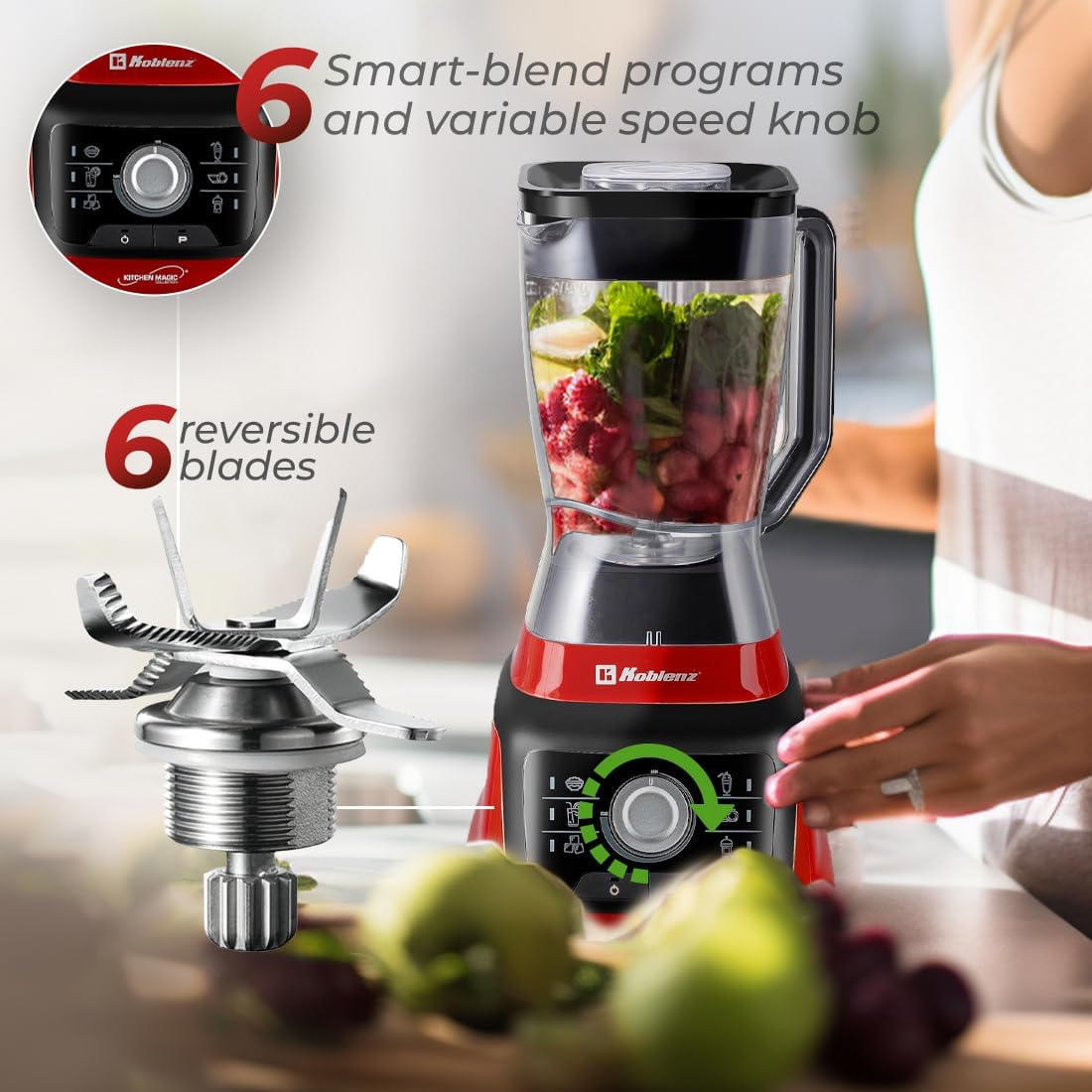 Koblenz Bob Blender, Countertop with Reversible motor, Speed Knob and 6 Functions, 1400-watt Motor, 68 oz. Capacity, Super Silent Operation, Includes 1 To-Go Cup and Tamper, Black/Red, LKM-9608