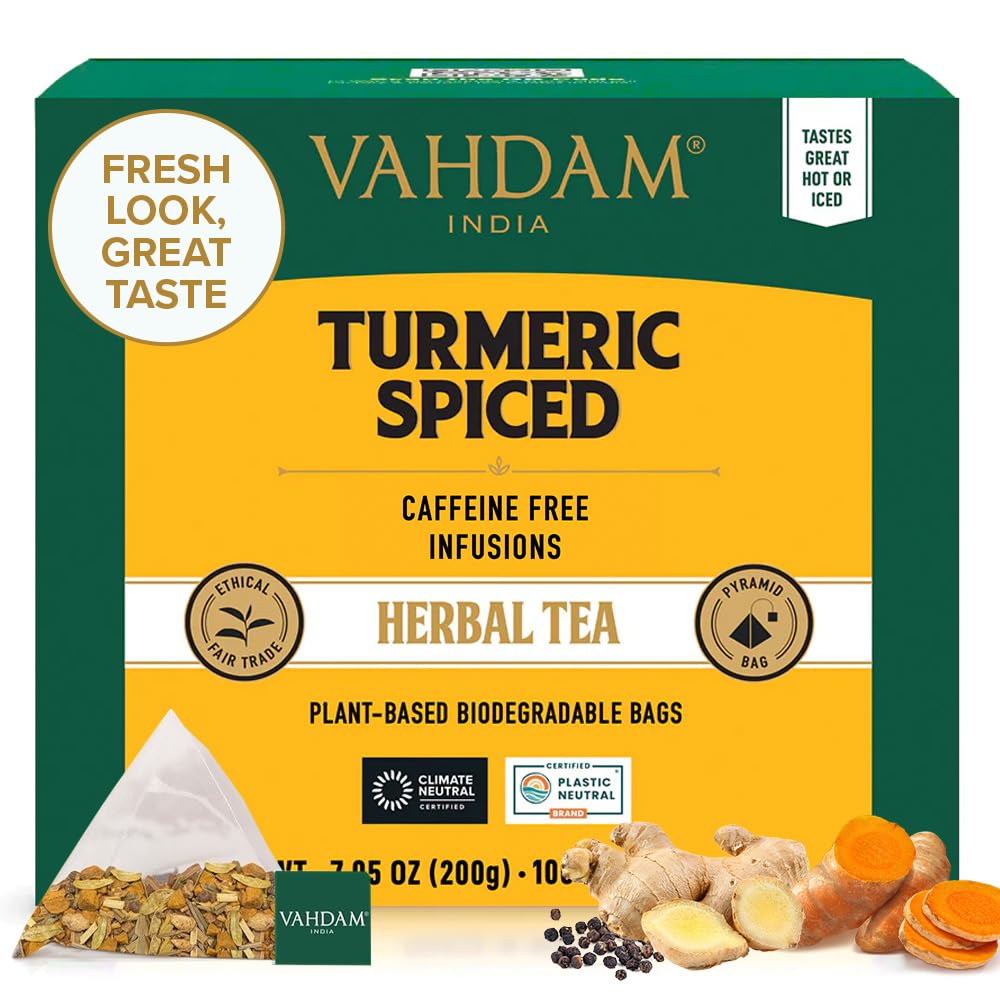 VAHDAM, Turmeric Spice Herbal Tea Bags (100 Pyramid Tea Bags) | Caffeine Free, Non GMO & Gluten Free | Turmeric Ginger Tisane with Cardamom, Cinnamon, Lemongrass & Black Pepper