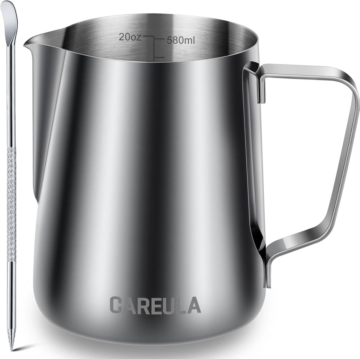 Milk Frothing Pitcher, 20oz Stainless Steel Milk Frother Cup Steaming Pitcher, Coffee Bar Cappuccino Espresso Machine Accessories Barista Tools, Metal Pitcher Milk Jug with Decorating Latte Art Pen