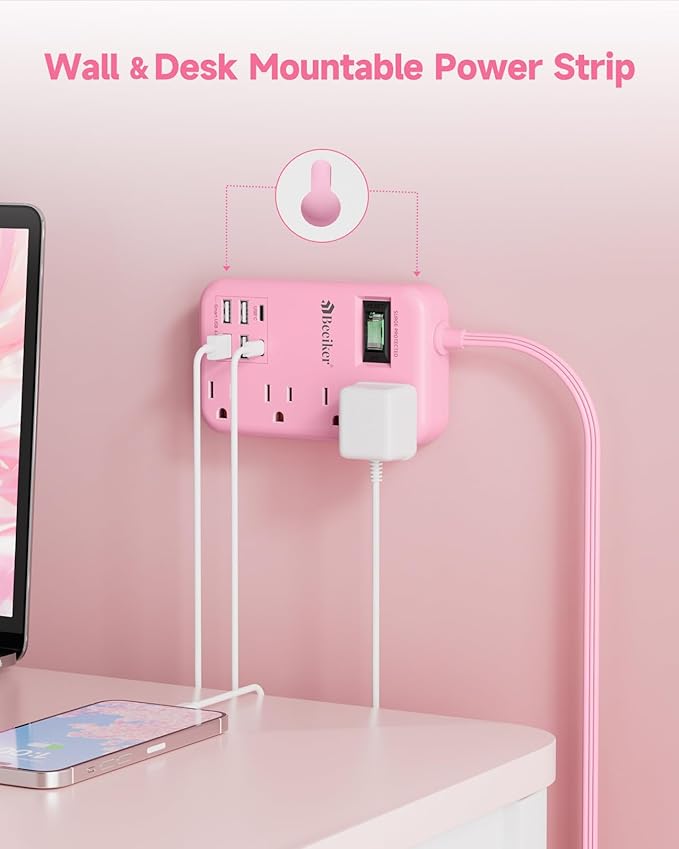 6 USB(2 USB C) Pink Extension Cord- 5Ft Travel Power Strip with 24W USB Charging Station and 4 Outlets, Pink Desk Accessories with Surge Protector for Cute Kawaii Gifts College Dorm Desk