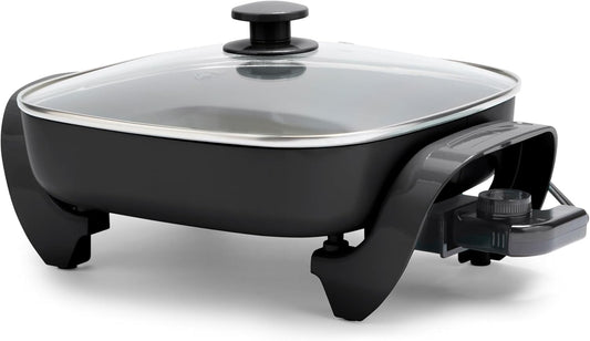 GreenLife 12" 5QT Square Electric Skillet, Glass Vented Lid, Ceramic PFAS-Free Nonstick Coated Interior, Adjustable Temperature Control, Cool Touch Handles, Quick Even Heating, Scratch Resistant,Black