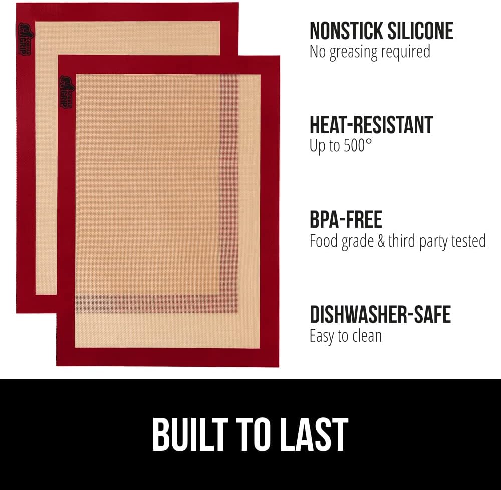 GORILLA GRIP Reusable Nonstick Silicone Baking Mat, 2 Pack, 16.5x11.87, BPA-Free Oven Safe Food Liner, For Cookie Sheets, No Mess Easy Clean Pastry Mats, Kitchen Essential, Half Sheet Size, Red