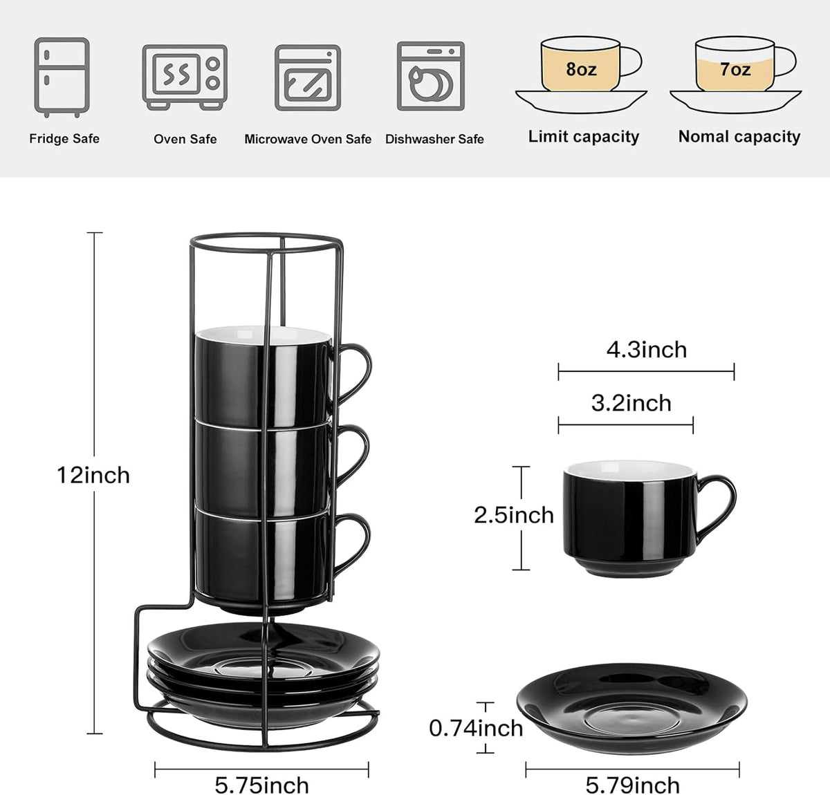 YOLIFE 8oz Porcelain Stackable Cappuccino Cups with Saucers and Metal Stand Set of 4, Coffee cups for Espresso, Specialty Coffee Drinks, Latte, Americano and Tea - Black