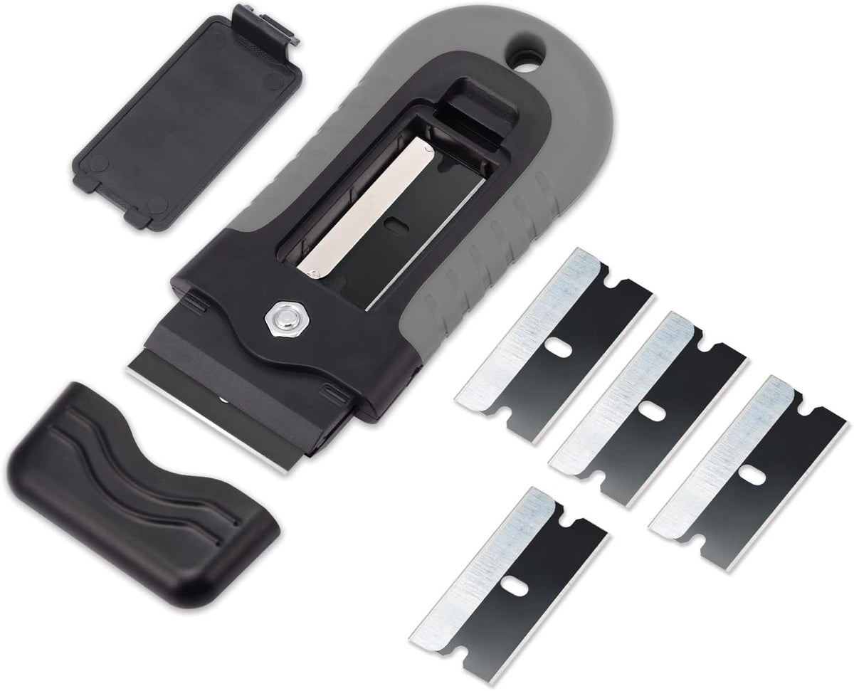 Gomake Locking Razor Blade Scraper with Safety Cap, Glass Cooktop Scraper with 10PCS Black Carbon Steel Blades for Glass Clean, Paint and Old Label,Decal Sticker Remover, Stove Top Scraper Tool