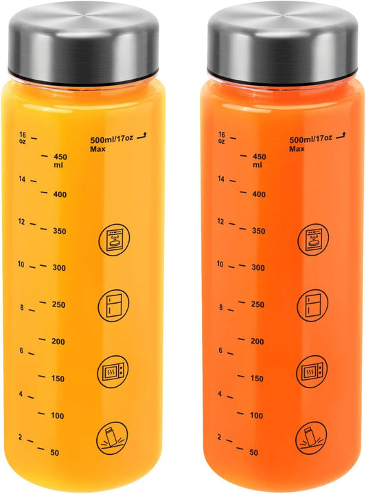 2 Pack Juice Bottles with Caps - Wide Mouth Resuable Clear Plastic Water Bottles for Juicing,Smoothie,Protein, Beverage,Storage Containers,BPA Free,Leakproof Stainless Steel Lid(16 Ounces)