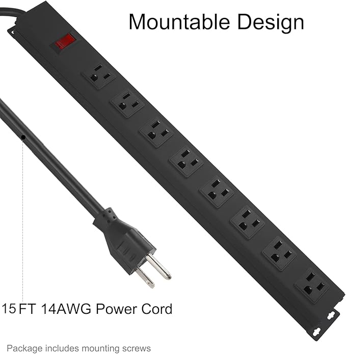 2Pack Metal 8 Outlet Mountable Power Strip, Wall Mount Outlet Heavy Duty, Wide Spaced Commercial Shop Power Strip with Switch, 15 FT SJT 14AWG Power Cord.