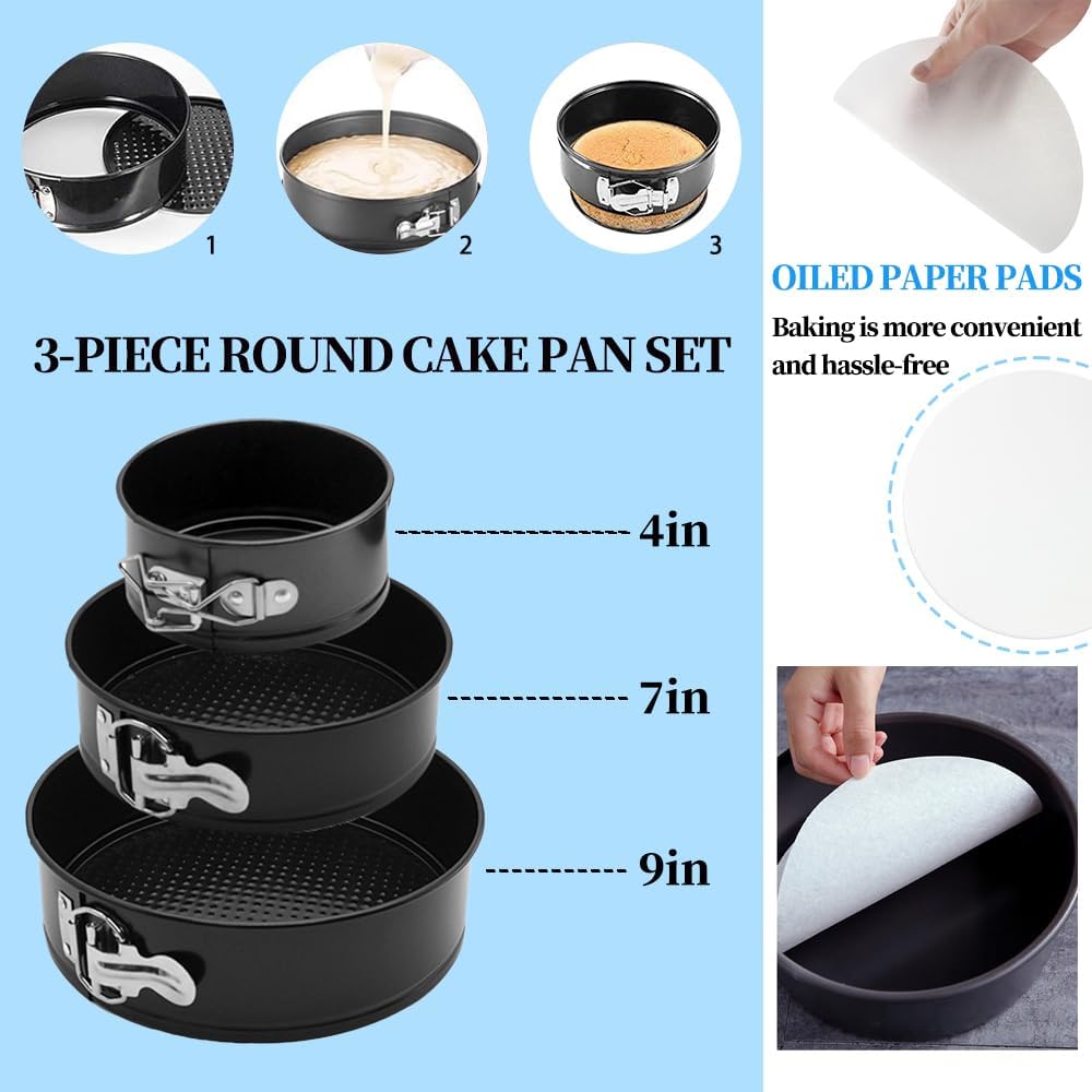 Complete 179PCS Springform Round Cake Pans Set for Baking and Cake Decorating, including 16 Piping tips,65Baking Cups,30Parchment paper liners,spatulas,4''+7'' +9''Cake Pans