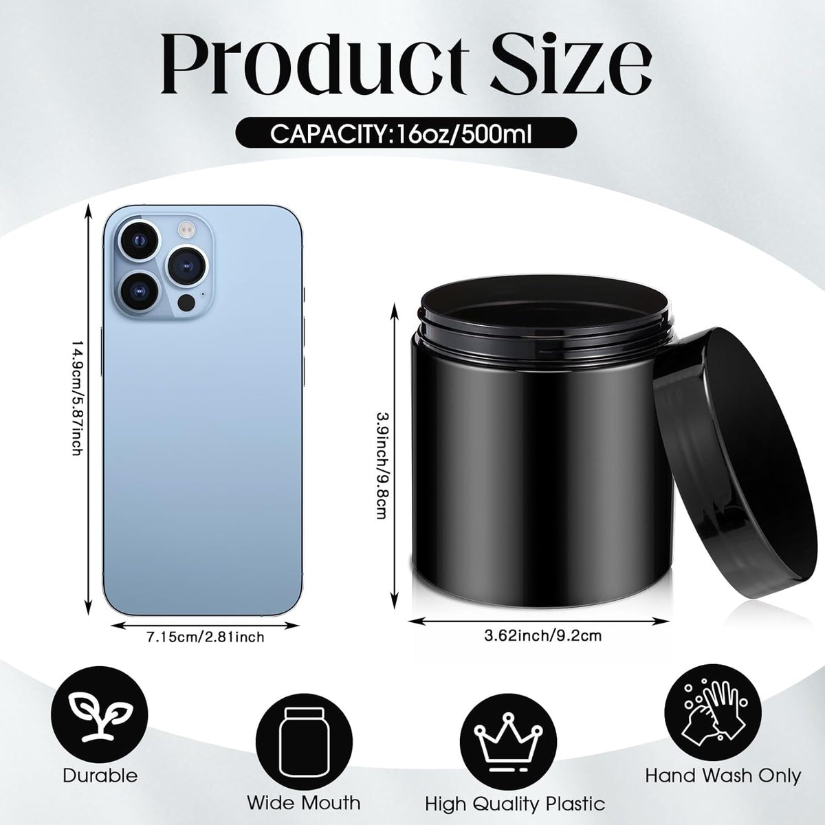Patelai 4 Pieces Round Wide-mouth Leak Proof Plastic Container Jars with Lids for Travel Storage Makeup Beauty Products Face Creams Oils Salves Ointments DIY Making(16 Ounce,Pure Black)