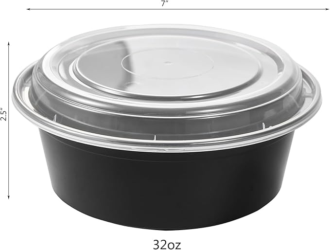 FULING 32 oz 50 ct Round Meal Prep Containers with Lids Plastic Food Storage Lunch Plan To Go Box Disposable Take Out Bowls Black BPA Free Reusable Durable Stackable Microwave Freezer Dishwasher Safe