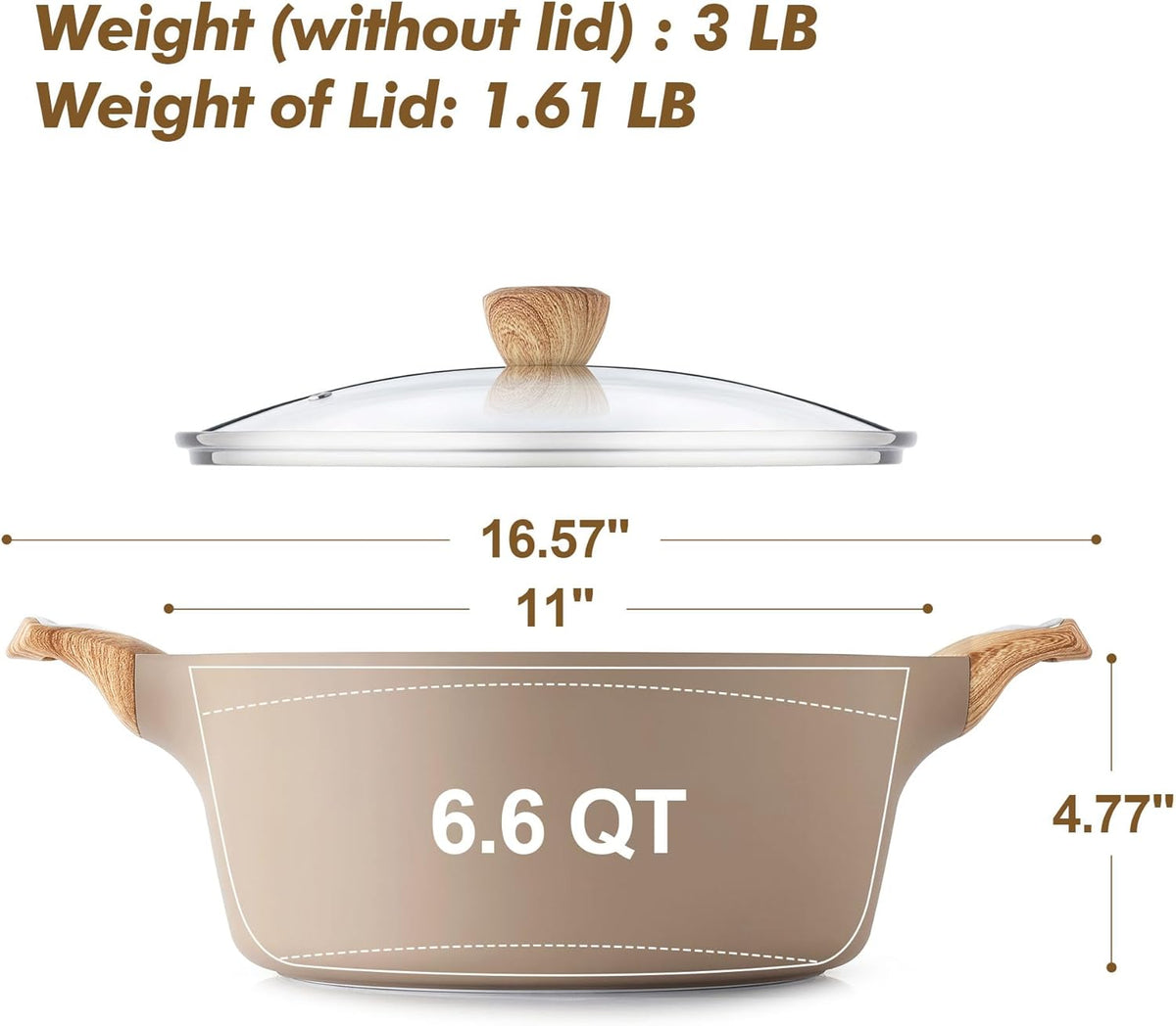 SENSARTE Ceramic Nonstick Stock Pot with Lid, 2.6/4.5/6.6 QT Soup Pot Casserole Pot, Non-toxic Healthy Pasta Pot, Large Cooking Pot Stew Pot, Induction Compatible, PFOA PFAS PTFE Free, Taupe