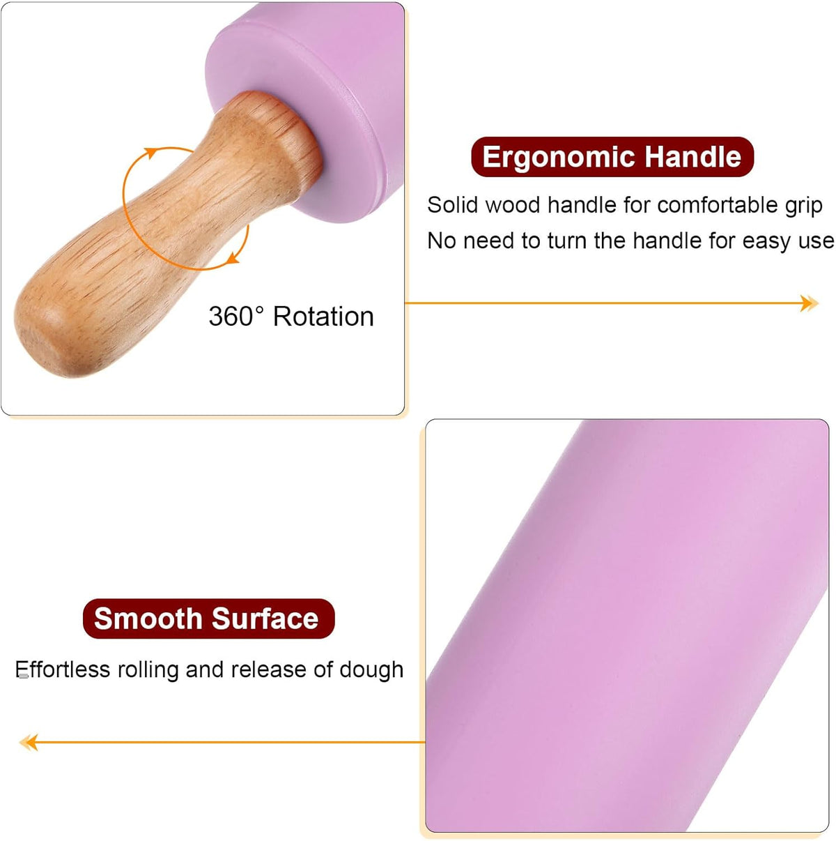 HARFINGTON Silicone Rolling Pins for Baking 9.25 Inch Non-Stick Silicone Surface Wooden Handle Rolling Pin Small Roller Playdough Rolling Pins for Fondant Kitchen Dough Pizza, Purple