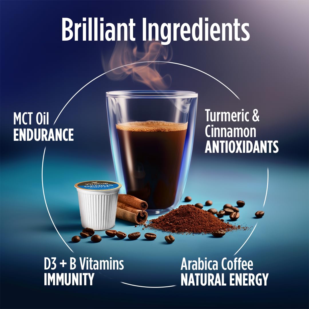 VitaCup Decaf Genius Keto Coffee Pods with MCT Oil, Turmeric and B Vitamins for Focus in Recyclable Single Serve Pod Compatible with K-Cup Brewers Including Keurig 2.0, 16 Ct
