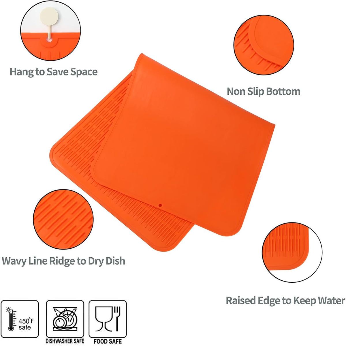 Silicone Dish Drying Mat for Multiple Usage,Easy clean,Eco-friendly,Heat-resistant Silicone Mat for Kitchen Counter or Sink,Refrigerator or Drawer Liner Orange 5XL 36inches x 18inches