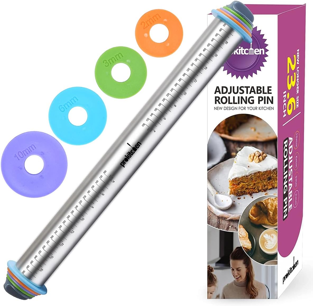 Adjustable Rolling Pin with Thickness Rings for Baking, Adjustable Stainless Steel Designs Dough Roller Pins for Cookie Decorating & Dough Pizza Pie Adjustable Long Rolling Pin 23.6 Inch