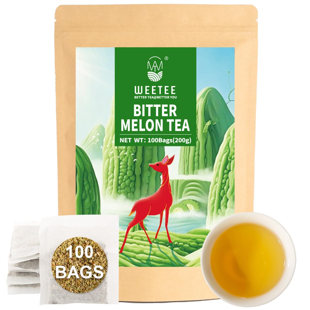 WT WEETEE Bitter Melon Tea Bags, Zero Sugar Tea, 100 Count Made with 100% Pure Natural Bitter Melon, Caffeine-free Momordica Charantia Tea